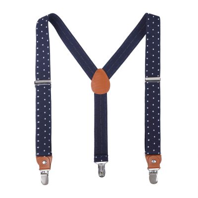 AWAYTR Kids Boys Adults Suspenders - 4 Sizes Sturdy Metal Clips Elastic Adjustable Suspender (31 inches (8 Years-5 Feet Tall),Navy Blue Polka Dot)