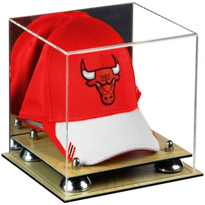 Better Display Cases Acrylic Basketball Hat or Cap Display Case with Mirror, Silver Risers and Wood Base (A006-SR)