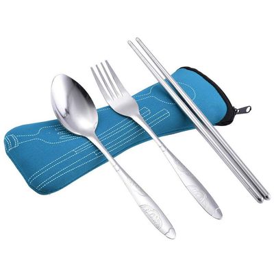 Ktdzone 3 PCS Fork Spoon Chopsticks Travel Stainless Steel Cutlery Portable Camping Bag Picnic Sky Blue