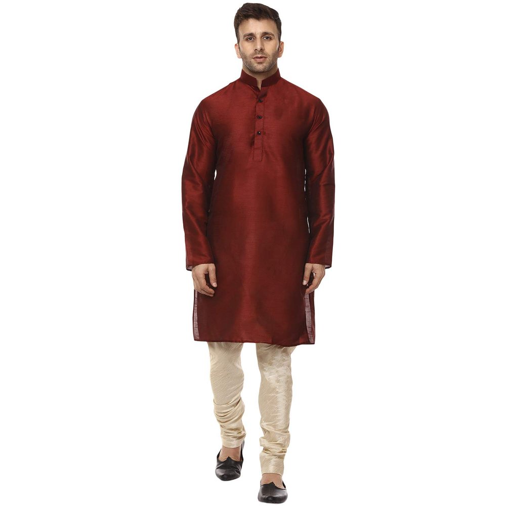 Veera Paridhaan Plain Maroon and Beige Chinese Collar Men Kurta With Payjama Set