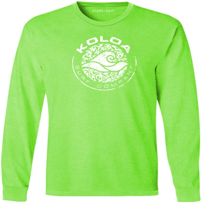 Joe's USA Koloa Circle Wave Vintage Pigment Dyed Long Sleeve Tee, Neon Green/White Logo, 4X-Large