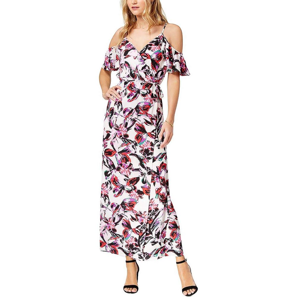 bar III Womens Sydney Printed Cold Shoulder Maxi Dress Pink S