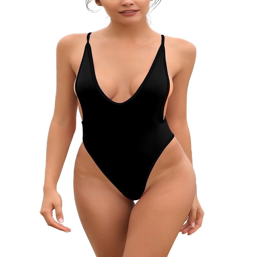 SHEKINI Women's High Cut One Piece Bathing Suit Backless Thong Brazilian Swimsuit (Black, X-Large)