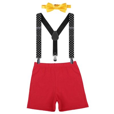 IBTOM CASTLE Toddler Baby Boy Clothes Set 1st Birthday Cake Smash Bowtie Suspenders Pants 3pcs Outfits Diaper Nappy Cover Christening Clothes Red+Black Polka Dots