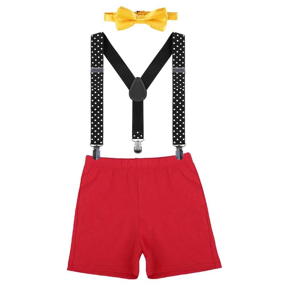 IBTOM CASTLE Toddler Baby Boy Clothes Set 1st Birthday Cake Smash Bowtie Suspenders Pants 3pcs Outfits Diaper Nappy Cover Christening Clothes Red+Black Polka Dots
