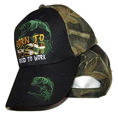 Born to Fish Forced to Work Fishing Black Face Camouflage Embroidered Cap Hat