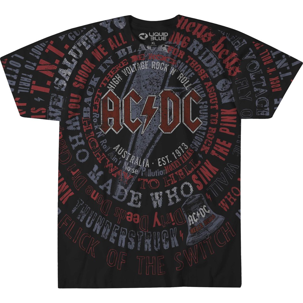 Liquid Blue AC/DC Song Titles All Over Print Graphic Short Sleeve Tee Shirt, Black, Small