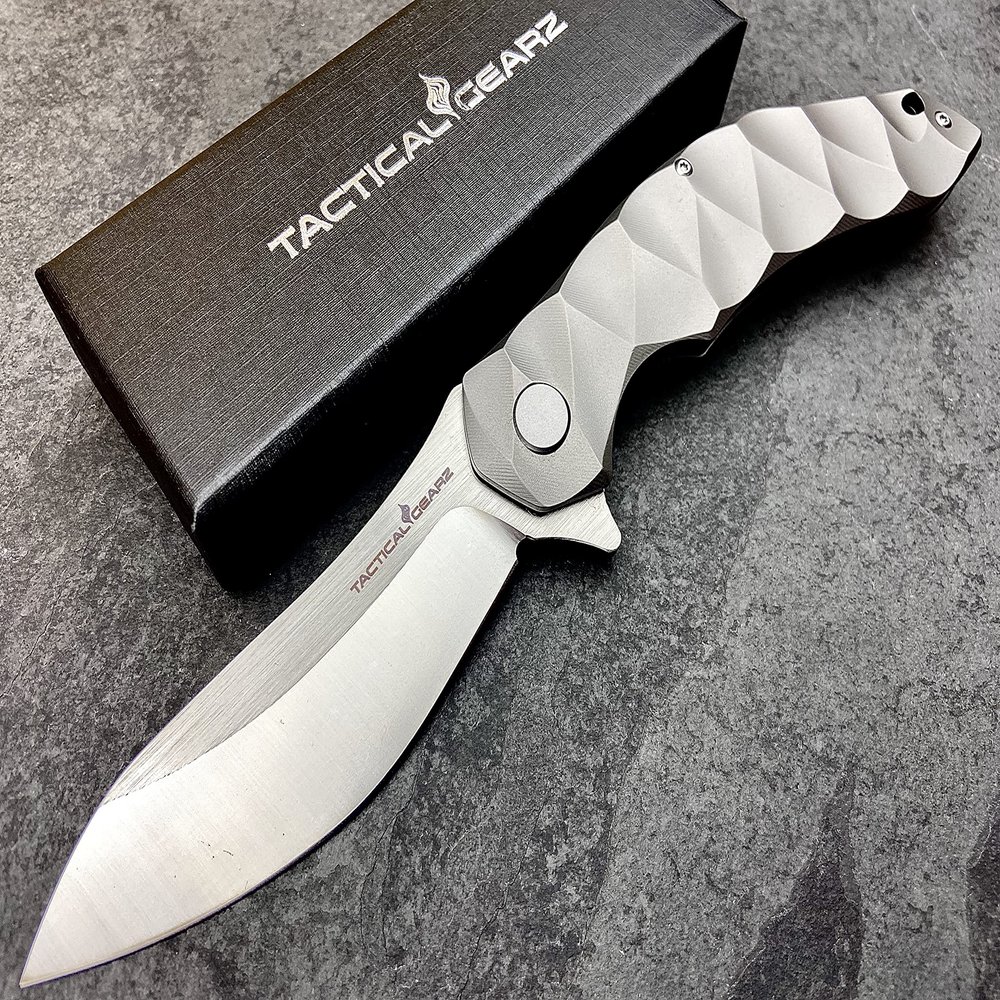 TACTICAL GEARZ Titanium Pocket Folding Knife, Solid Tc4 Titanium Handle, Razor Sharp CPM-D2 Steel DAO Blade, Includes Sheath (Ares)