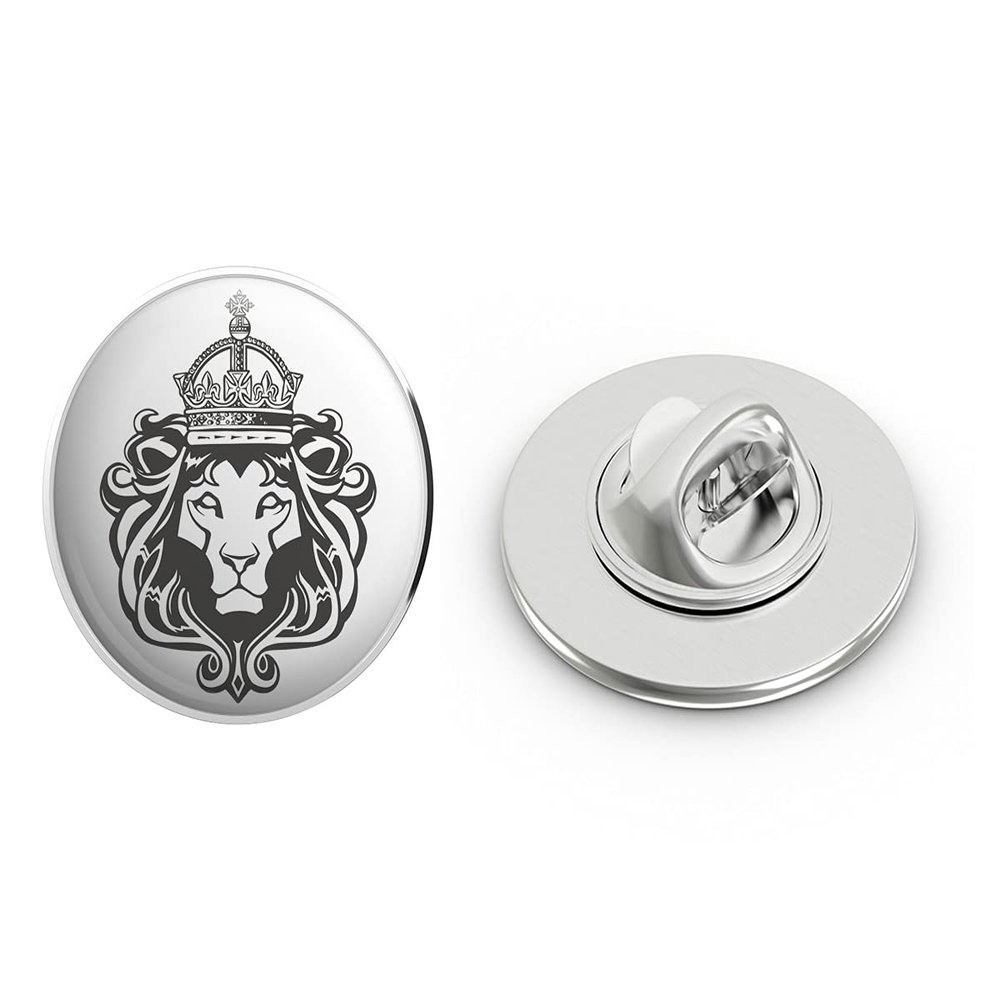 Royal Lion with Crown and Mane Black White Round Metal 0.75" Lapel Pin Hat Shirt Pin Tie Tack Pinback