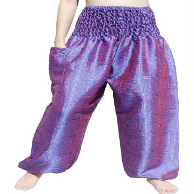 RaanPahMuang Textured Thai Silk Smock Waist MC Hammer Dance Pants with Pocket, Medium, Blue Red