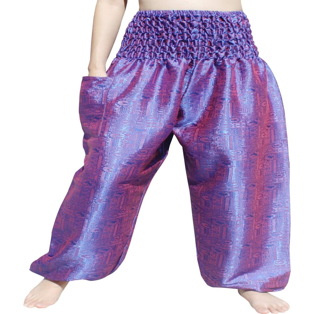 RaanPahMuang Textured Thai Silk Smock Waist MC Hammer Dance Pants with Pocket, Medium, Blue Red