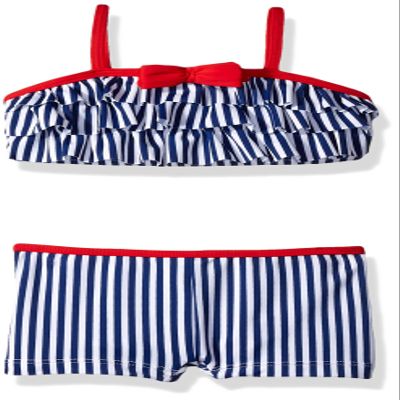 Kiko & Max Girls' 2-Piece Swimsuit Bathingsuit, Retro Red White & Blue, 24 Months