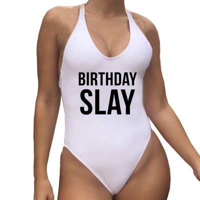 Birthday Slay Women One Piece Bathing Suit Racerback Swimsuit Birthday Party Swimwear