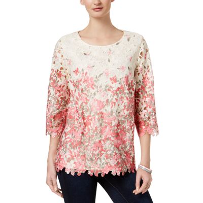 Charter Club Printed Lace-Overlay Top (Vintage Cream Combo, XS)