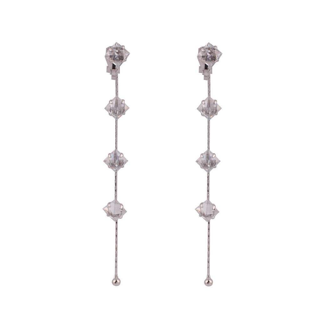 Grace Jun Silver Plated Cubic Zircon Long Tassel Clip on Earrings No Pierced for Women (821 silver clip on)