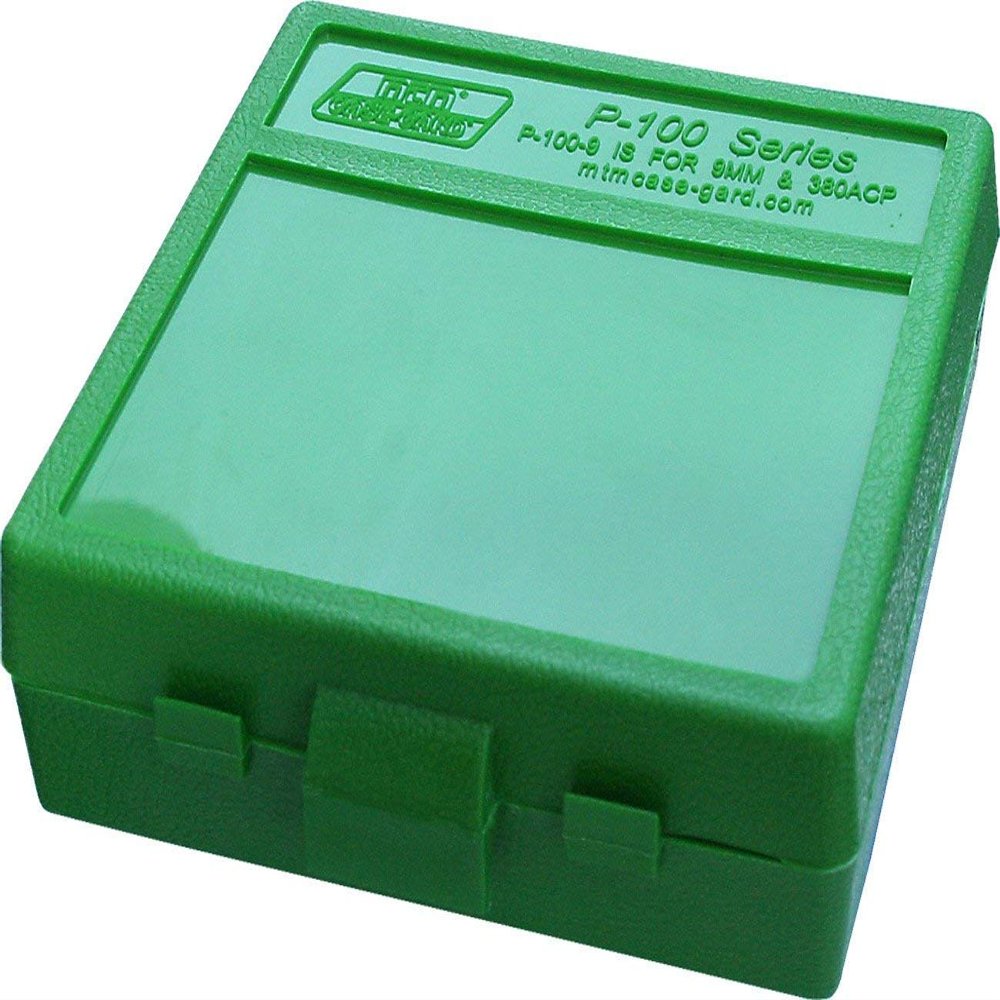 MTM Case-Gard Ammo Box 100 Round Flip-Top 9mm 380 ACP, Green - P-100-9, Ideal for Storing Reloads, Stackable, Scuff-Resistant Textured Surface, Snap-Lok Latch, Guaranteed for 25 Years, Made in USA