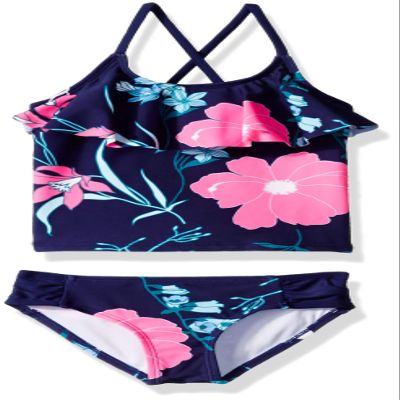 Kanu Surf Toddler Girls' Charlotte Flounce Tankini Beach Sport 2-Piece Swimsuit, Paige Navy Floral, 4T