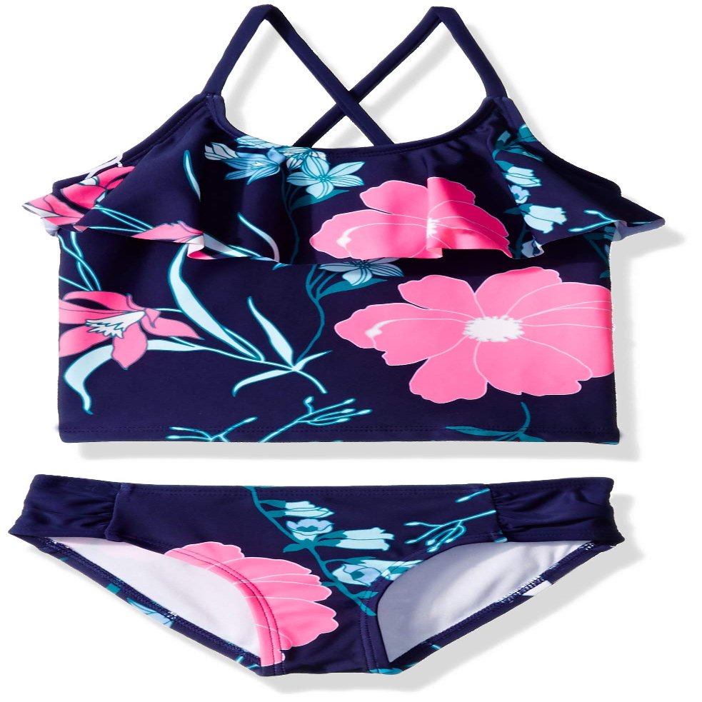 Kanu Surf Toddler Girls' Charlotte Flounce Tankini Beach Sport 2-Piece Swimsuit, Paige Navy Floral, 4T