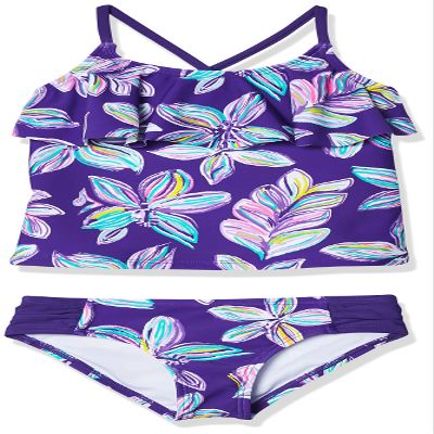 Kanu Surf girls Charlotte Flounce Tankini Beach Sport 2-piece Two Piece Swimsuit, Charlotte Purple Floral, 4T US