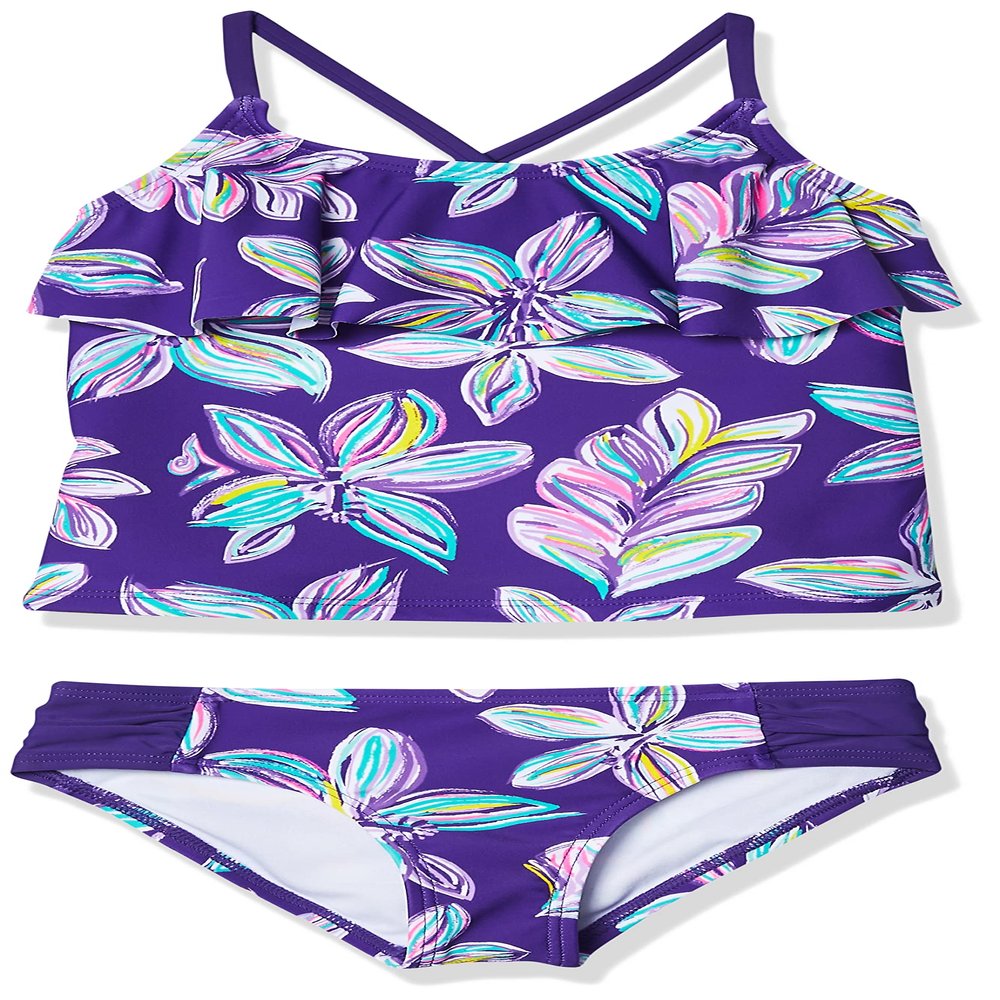 Kanu Surf girls Charlotte Flounce Tankini Beach Sport 2-piece Two Piece Swimsuit, Charlotte Purple Floral, 4T US
