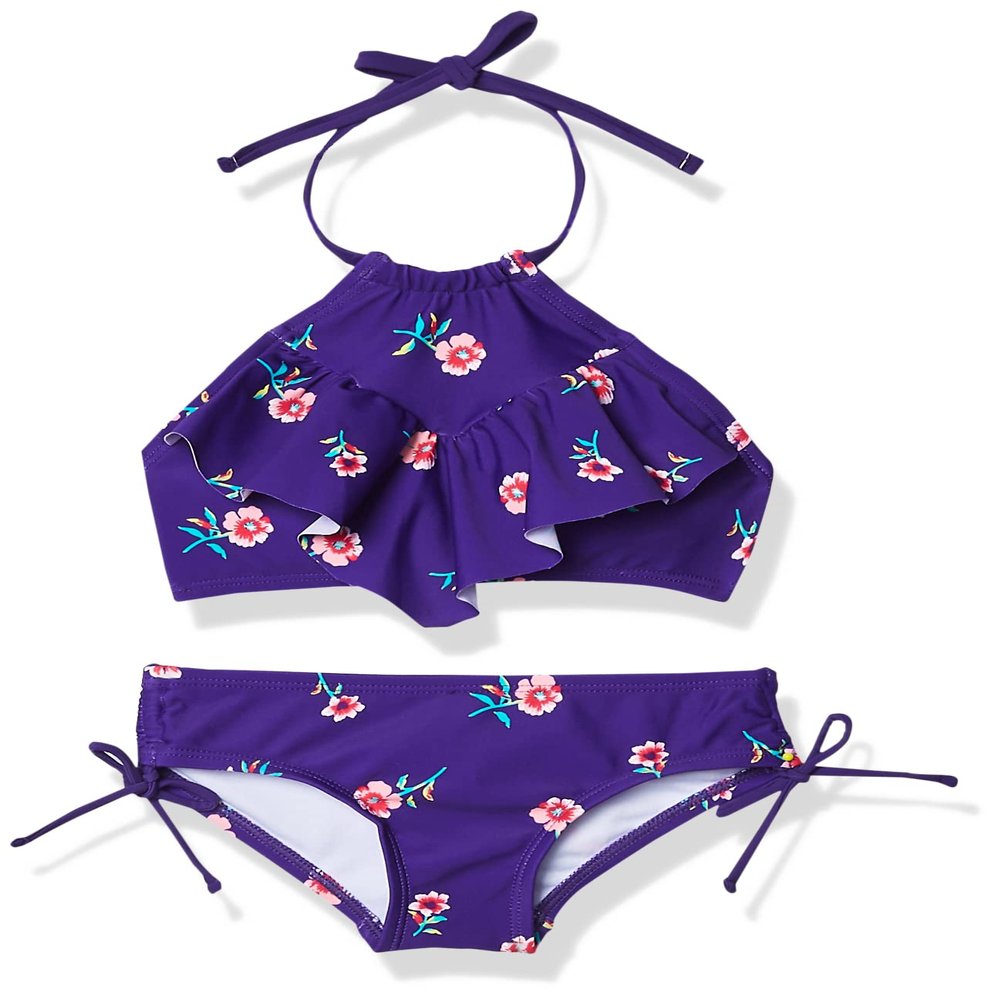 Kanu Surf Big Girls' Morgan Ruffle Halter Bikini 2-Piece Swimsuit, Pink, 2T, Morgan Purple Floral, 12