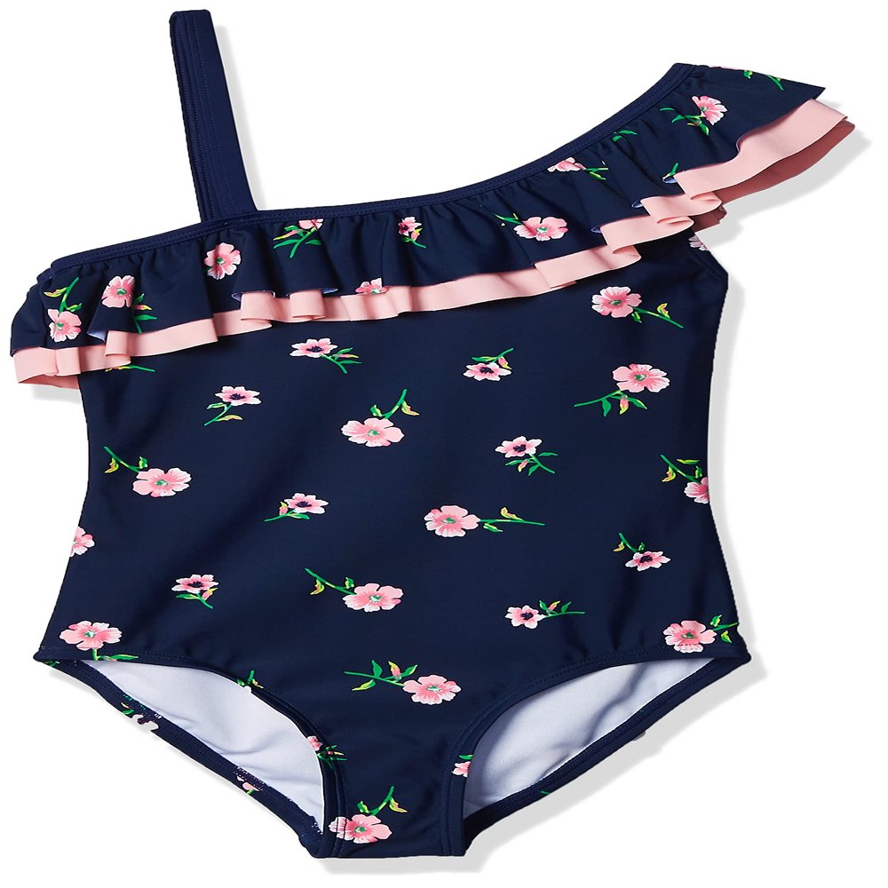 Kanu Surf Girls' Morgan Floral Ruffle 1-Shoulder 1-Piece Swimsuit, Navy, 6