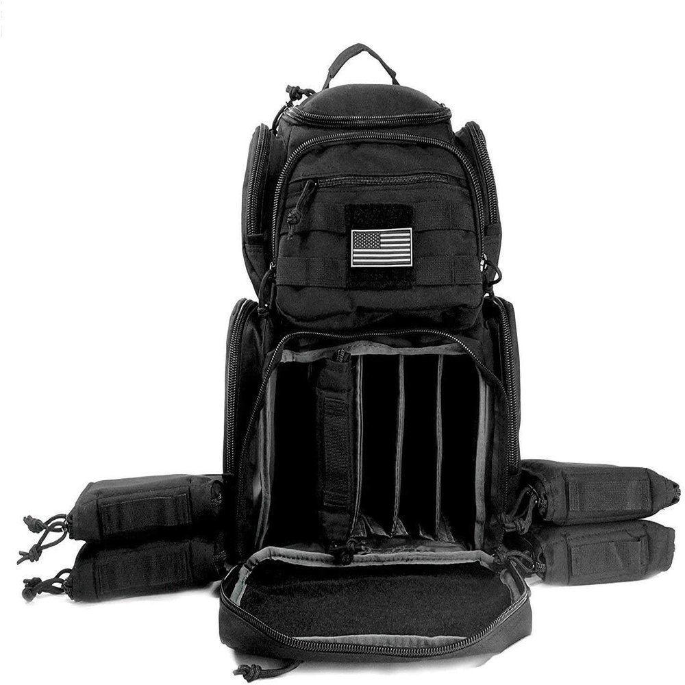 NiceAndGreat Tactical Lockable Range Backpack with 5 Pouches & Free USA Flag Patch Black