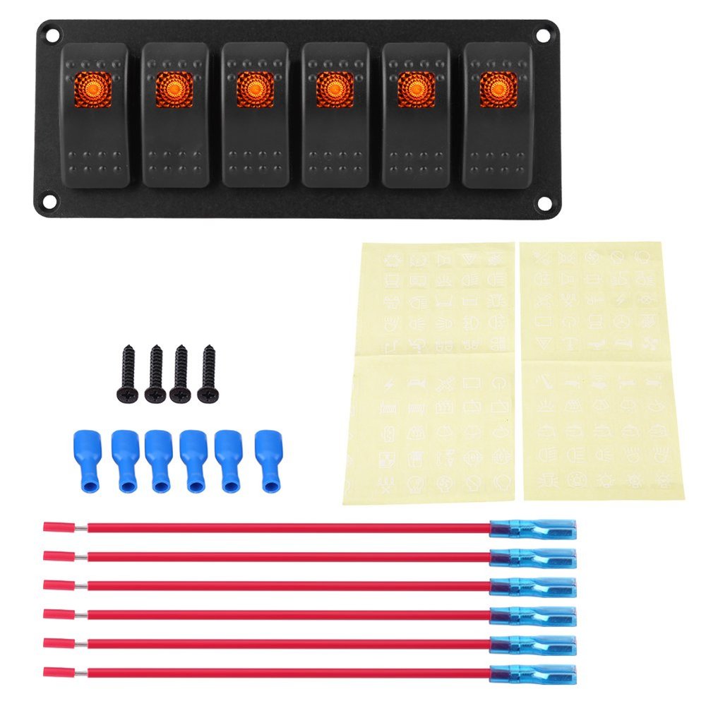 6 Gang LED Switch Panel,12-24V 6 Gang Rocker Switch Panel for Car RV Boat Yacht Marine(Orange LED)