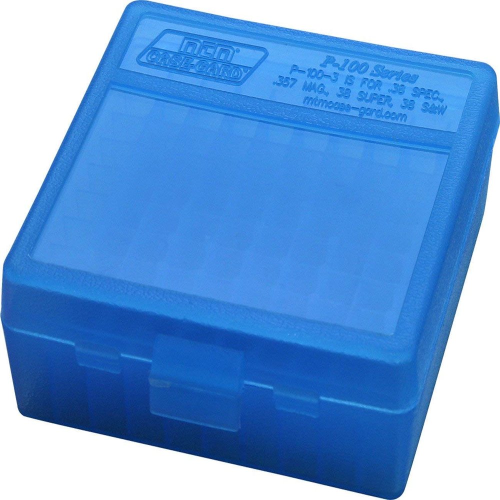 MTM Plastic Ammo Box, Clear Blue 100 Round 38/357 (3)