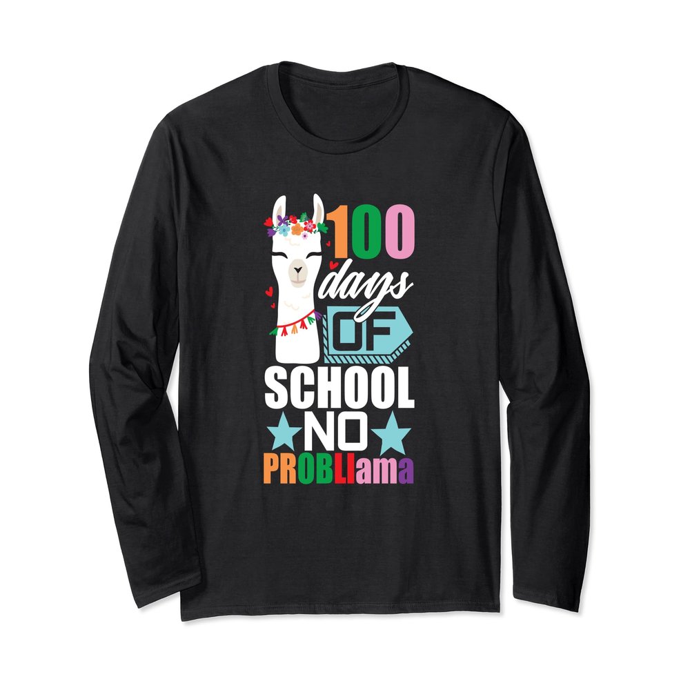 100th Day Of School Long Sleeve No Prob Llama Funny Kids