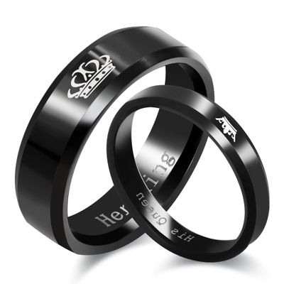 Uloveido Black King and Queen Rings for Couples - 2pcs His and Hers Stainless Steel Matching Ring Sets for Him and Her - 2 pcs Promise Engagement Wedding Band Black