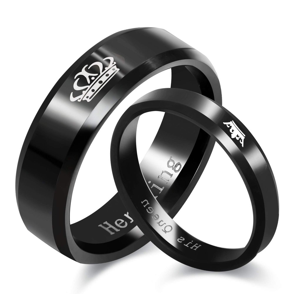 Uloveido Black King and Queen Rings for Couples - 2pcs His and Hers Stainless Steel Matching Ring Sets for Him and Her - 2 pcs Promise Engagement Wedding Band Black