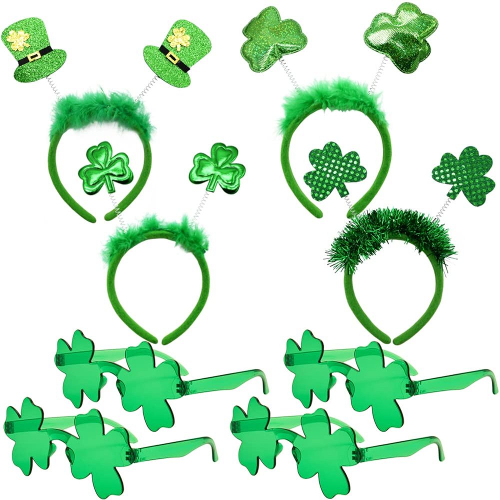 8Pcs St. Patrick's Day Headbands and Shamrock Sunglasses, Shamrock Clover Head Boppers Eyeglasses Accessories for St. Patrick's Day Irish Party Favors Supplies Costume Accessories