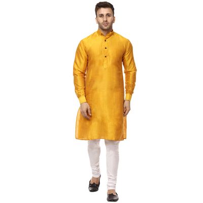 Veera Paridhaan Men Silk Plain Chinese Collar Kurta With Payjama (Yellow-White, Large-40)