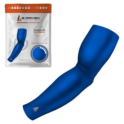 B-Driven Sports Pro-Fit Compression Arm Sleeve - Athletic Sports Support for Baseball, Basketball, Football, Softball, Running, Volleyball, Men, Women, Youth - Blue XXXX-S (Youth S) (1pc)