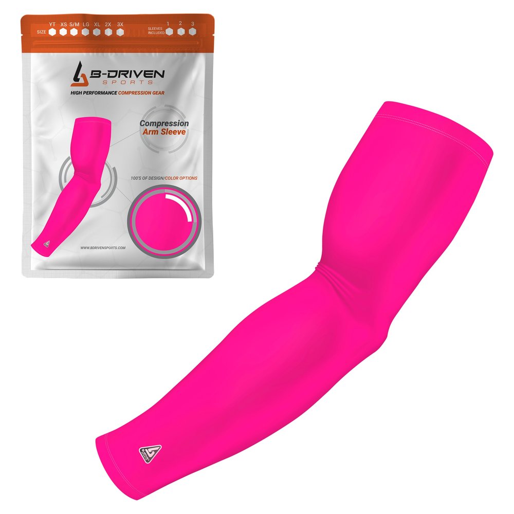 B-Driven Sports Pro-Fit Compression Arm Sleeve - Athletic Sports Support for Baseball, Basketball, Football, Softball, Running, Volleyball, Men, Women, Youth - Pink XX-S (Youth L) (1pc)