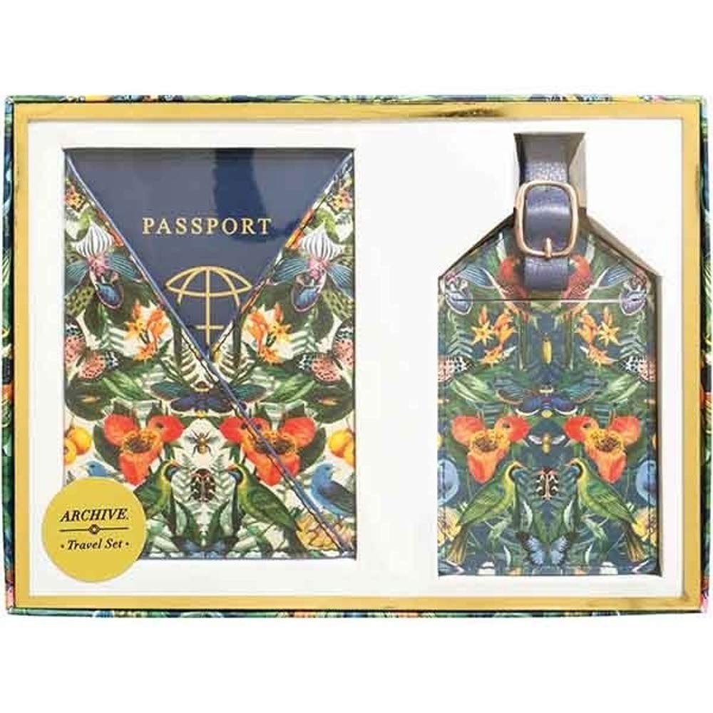 Archive Portico Designs Collection Faux Leather Luggage Tag & Passport Set, 2-Pieces, Botanical Prints