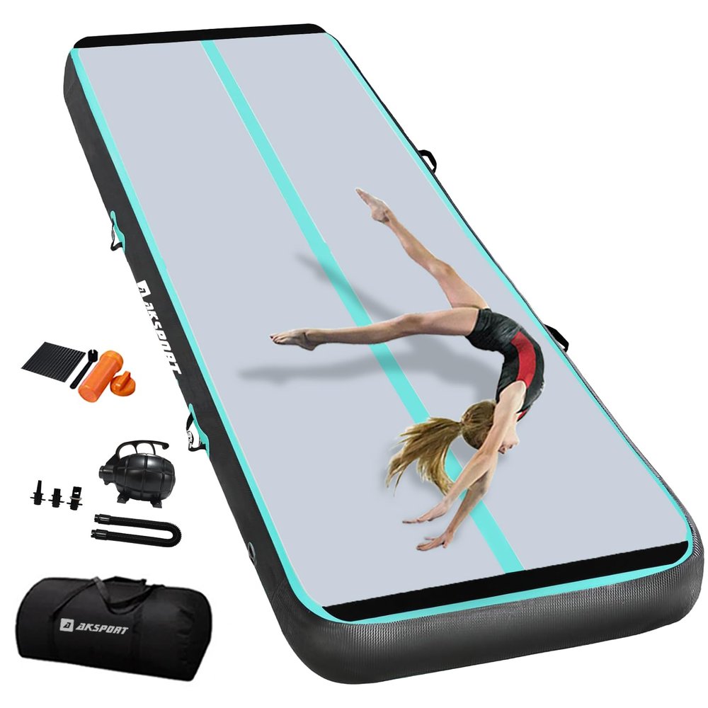 AKSPORT Air Mat Tumble Track Gymnastics Tumbling Mat Inflatable Floor Mats with Air Pump for Home/Tumble/Gym/Training/Cheerleading/Parkour 10/13/16/20/23/26/29/33ft (mint green-black, 500x150x15cm)