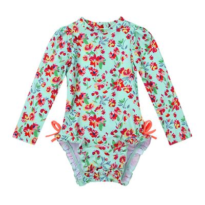 iiniim Baby/Toddler Girls Long Sleeve Rash Guard Swimsuit Shirt Tops UPF 50+ Floral Sun Protection Swimwear Zipper Bodysuit Light Green 18-24 Months