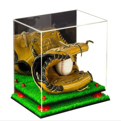 Better Display Cases Acrylic Baseball Glove Display Case with Mirror, Red Risers and Turf Base (A004-RR)
