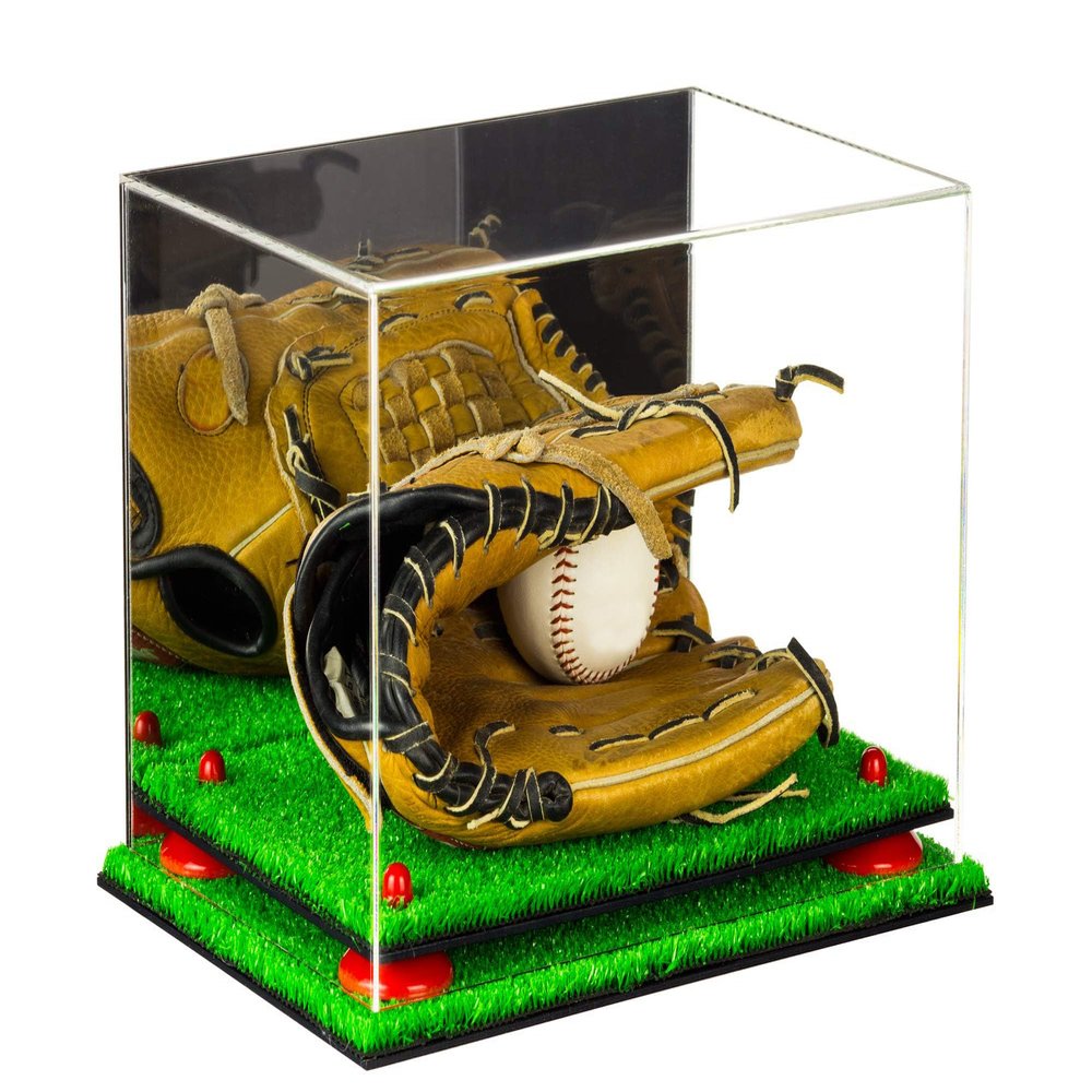 Better Display Cases Acrylic Baseball Glove Display Case with Mirror, Red Risers and Turf Base (A004-RR)
