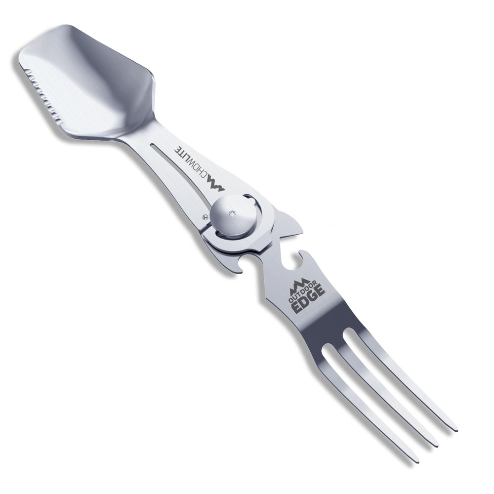 OUTDOOR EDGE Chowlite - Mealtime Multitool with Folding/Locking Fork, Spoon, Bottle Opener, Can Opener and Screwdriver - 100% Stainless Steel - Perfect for Camping, Hiking, Backpacking and Hunting