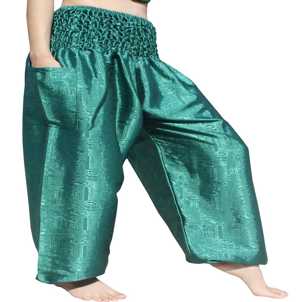 RaanPahMuang Textured Thai Silk Smock Waist MC Hammer Dance Pants with Pocket, Medium, Pine Green