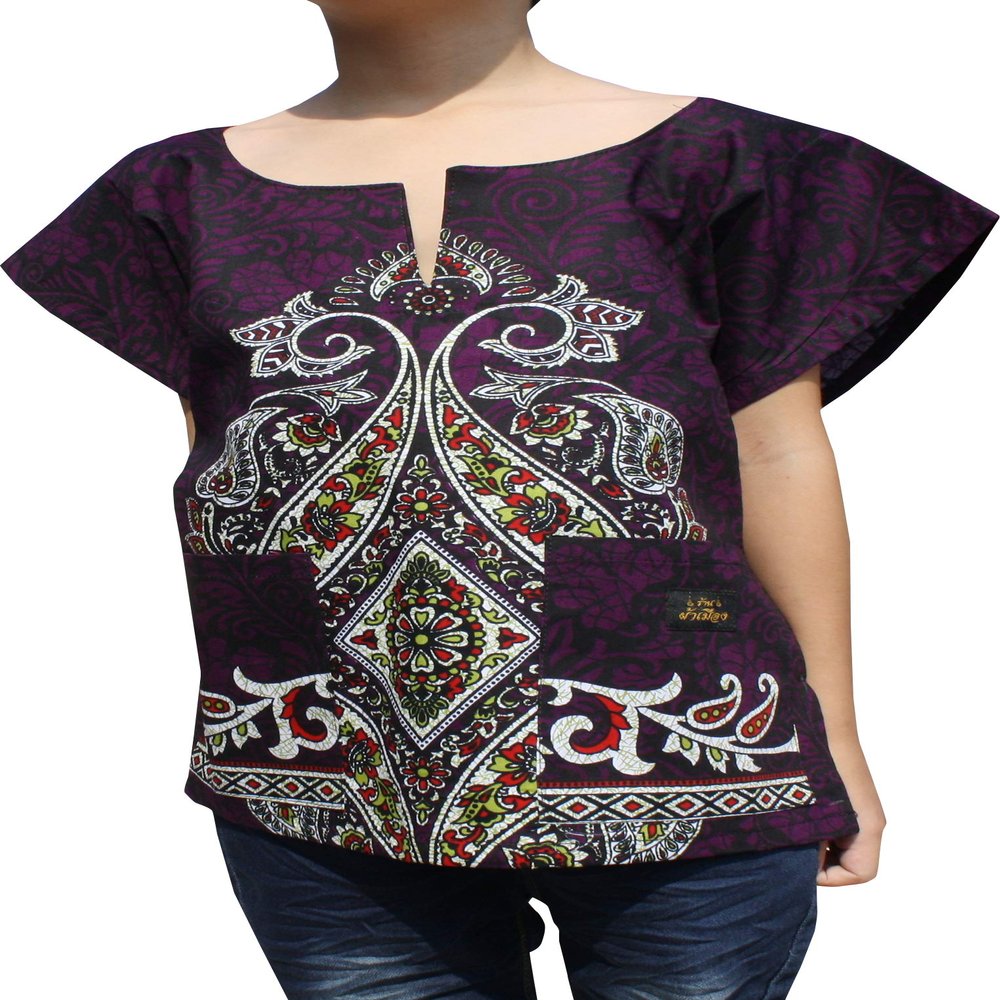 RaanPahMuang Branded Indian Paisley Dashiki Short Sleeve Shirt, 3 Years-6 Years, African Paisley - Indigo Violet