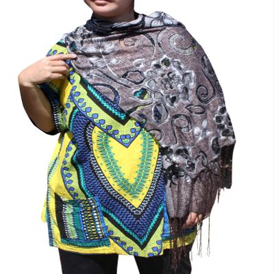 Full Funk Light Silky Artistic Throw Over Scarf or Shawl, 19 x 62 inches, Silver Trimmed Flower Bloom - Dark Brown