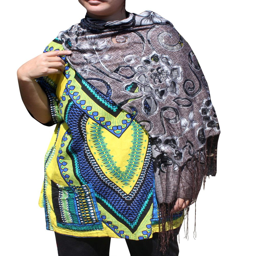 Full Funk Light Silky Artistic Throw Over Scarf or Shawl, 19 x 62 inches, Silver Trimmed Flower Bloom - Dark Brown
