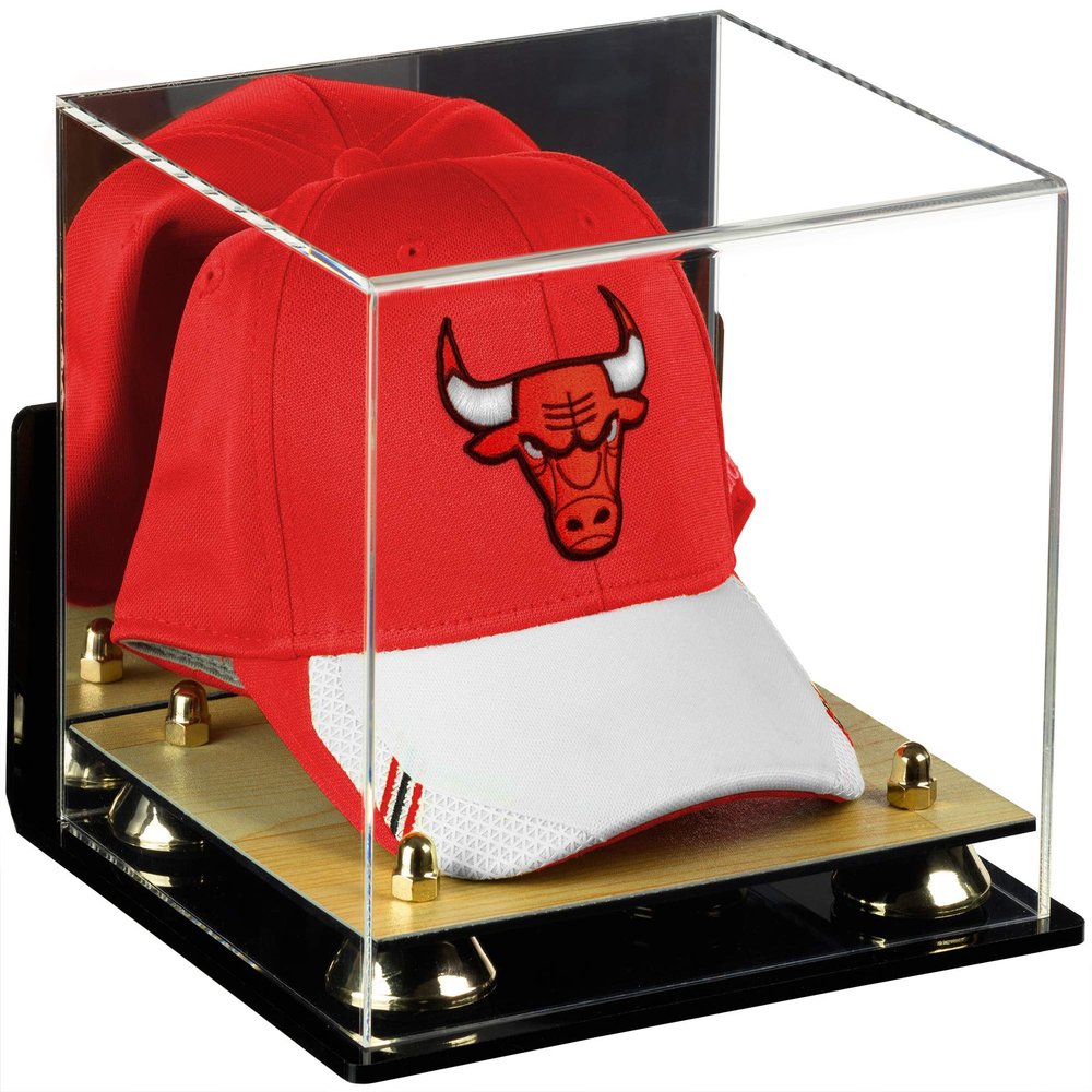 Better Display Cases Acrylic Basketball Hat or Cap Display Case with Mirror, Wall Mount, Gold Risers and Wood Base (A006-GR)
