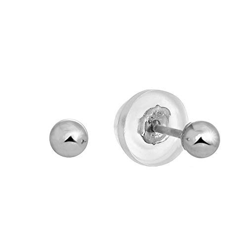 14k Real White Gold Stud Ball Earrings W/Silicone Covered Gold Pushbacks - 3 mm