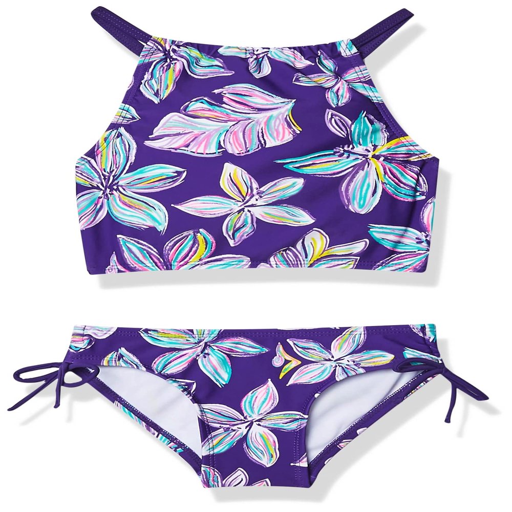 Kanu Surf Girls' Big Charlotte Floral Halter Tankini Beach Sport 2-Piece Swimsuit, Purple, 12