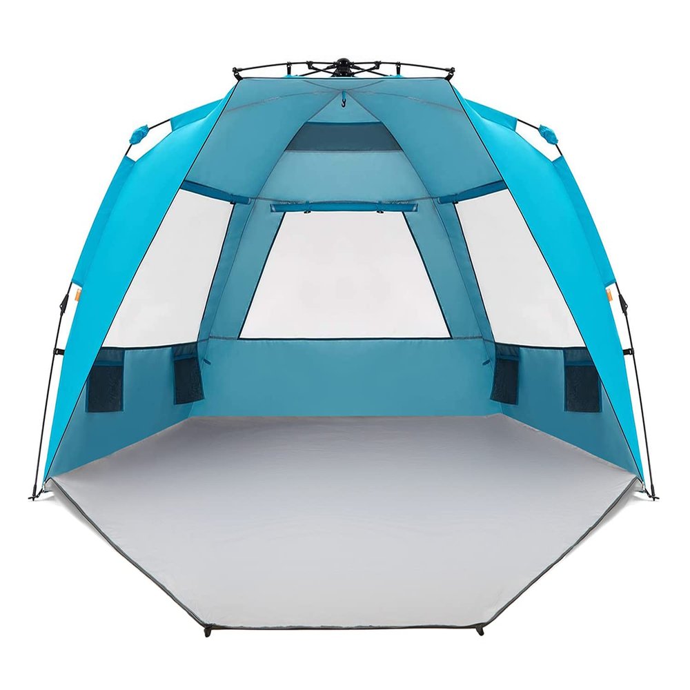 Easthills Outdoors Instant Shader Enhanced Deluxe XL Beach Tent Easy Set Up 4-6 Person Popup Sun Shelter 99" Wide for Family UPF 50+ Double Silver Coating with Extended Zippered Floor Pacific Blue